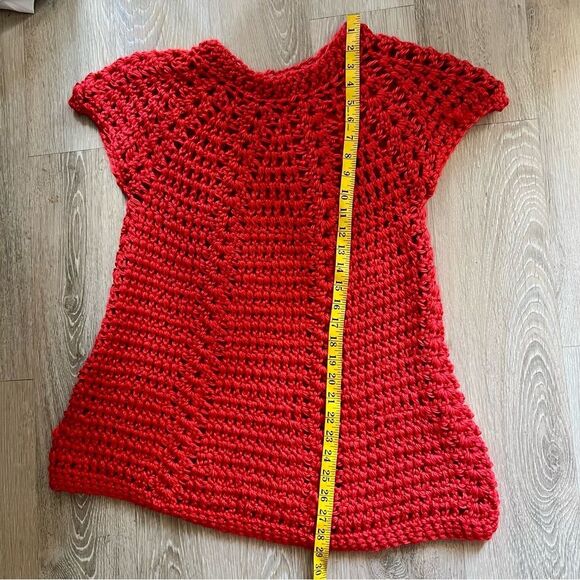 Vintage 60s Red Micro Mini Dress Crochet Hot pants Handmade Open Chunky Knit L - Picture 14 of 16